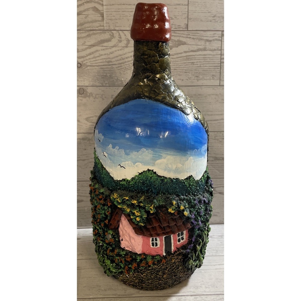 Vintage 1980's Handcrafted Bottle Art 3-D‎ Effect Italian Countryside 12" Tall